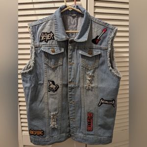 Sleeveless Denim Jacket with 80s Heavy metal patches